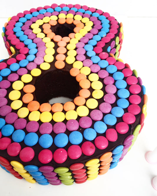 Smartie number 8 cake - colourful kids birthday cake
