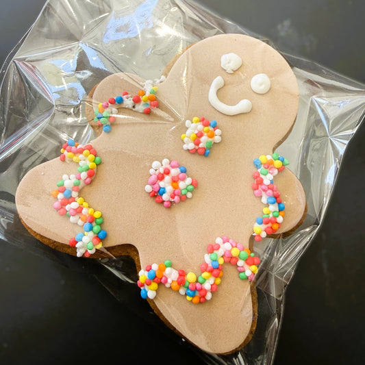 Decorative gingerbread cookie with colorful sprinkles on clear plastic wrap.