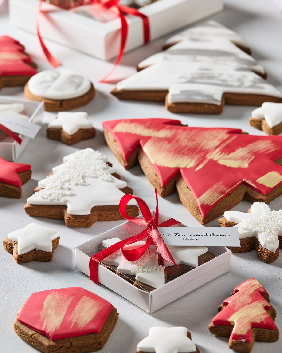 Small Christmas cookie box with an iced gingerbread star and tree, tied with red ribbon
