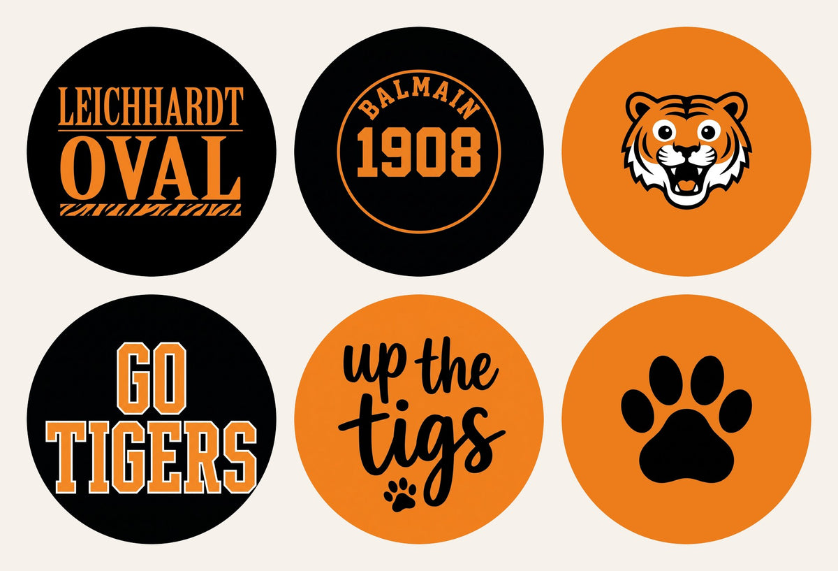 Six Wests Tigers cupcake toppers in black and gold: Leichhardt Oval, Balmain 1908, roaring tiger, Go Tigers, Up the Tigs, paw print